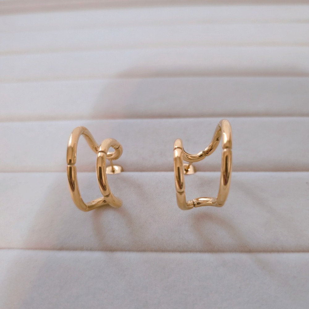 18K Gold Plated Stainless Steel Wavy Double Hoop Earrings 2.5cm J10